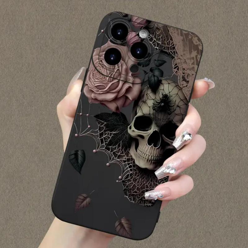 Skull & Flower Pattern Phone Case, Full Coverage Lens Phone Protective Cover, Phone Accessories Compatible with iPhone 11 12 13 14 15 Pro Max, Boyfriend Gift