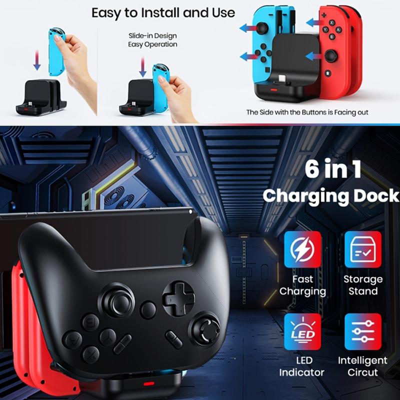 Game Controller Charging Station, Charging Stand for Switch Controller with LED Indicator, Charging Station with 4 Controller and 2 Type-C for Switch