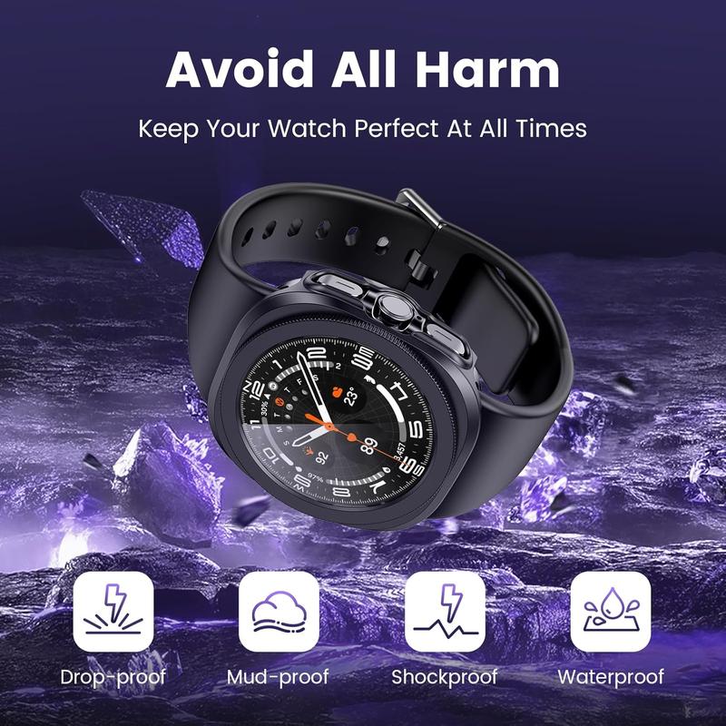 [2+2+3 Pack] 3 in 1 for Samsung Galaxy Watch Ultra 47mm 2024 Screen Protector Case, HD Tempered Glass Screen Protector Hard PC Case Bezel Ring Cover for Galaxy Watch 7 Ultra Black