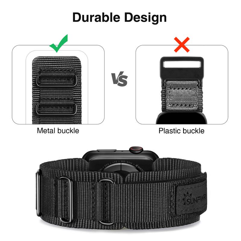 Sunfwr Watch Band Rugged Velcro Band for Apple Watch 42mm 44mm 45mm 49mm 38mm 40mm 41mm - Tough Nylon Strap with Three Buckle Loop Design - Compatible with iWatch Series 1-9 & SE Accessories Wearable