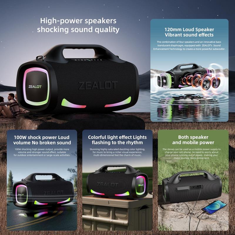 ZEALOT S79 100W Wireless Speaker, Portable Waterproof Speaker, 24000mAh Battery Speaker with 36 Hours Playback Time, Suitable for Home, Car, Camping, Party, Portable Rechargeable Speaker