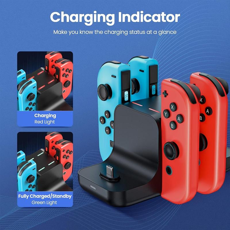 Game Controller Charging Station, Charging Stand for Switch Controller with LED Indicator, Charging Station with 4 Controller and 2 Type-C for Switch