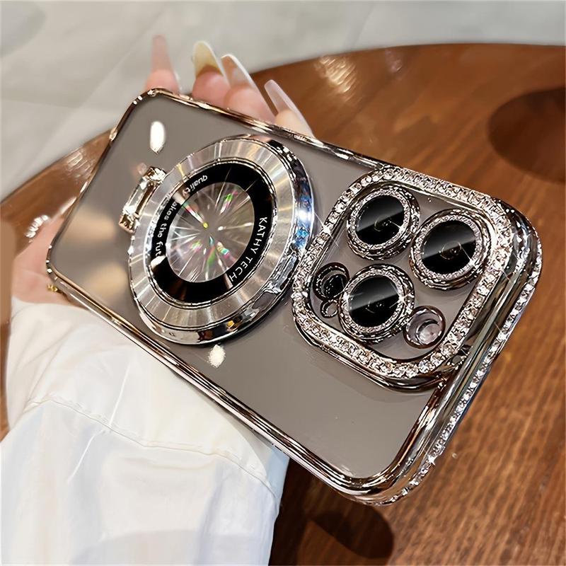 Artificial Rhinestone Decor Phone Case, Smartphone Protector, Anti-fall Shockproof Phone Cover with Stand, Phone Accessories Compatible with iPhone 15 14 13 12 Series