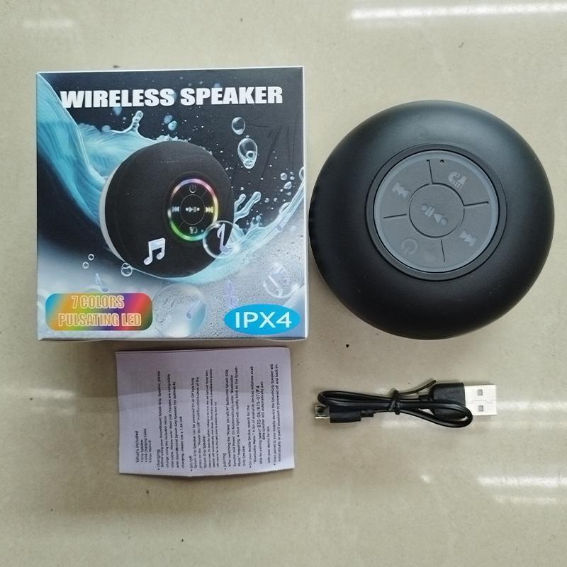 Waterproof speaker, portable wireless speaker with suction cup, USB rechargeable black speaker, with a playback time of 2 hours, suitable for parties, bathrooms, travel, homes, and outdoors (suction cup must be on a smooth surface to use)