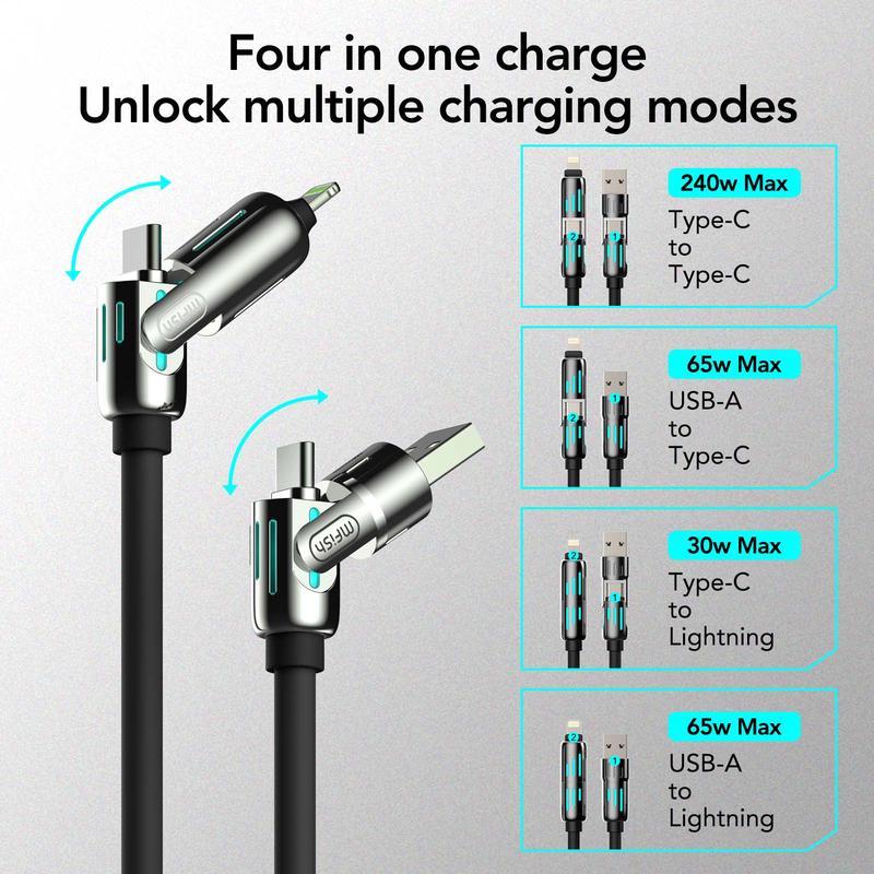 PQRQP 240W 4-in-1 Multi USB Charging Cable with USB A,Type C, Lightning port,MAX Fast Charging & Data Sync for iPhone 16 15, iPad Pro,Samsung & Laptops