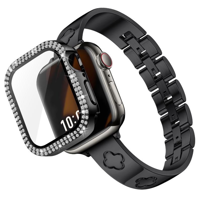 Missair Black Band & Cover Case Diamond Compatible with Apple Watch 40mm 41mm 44mm 45mm, Adjustable Stainless Steel Dressy Bracelet Wearable Accessory