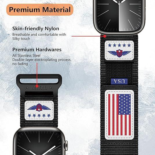 Rugged Nylon for Apple Watch Ultra 2 Band 49mm iWatch Bands 45mm 44mm 46mm 42mm Men,Soft Woven Adjustable Stars-Stripes Flag Wristbands Strap for Apple Watch Ultra Band 10 9 8 7 6 5 4 3 SE Ultra2 44 45 49 mm Accessories Wearable