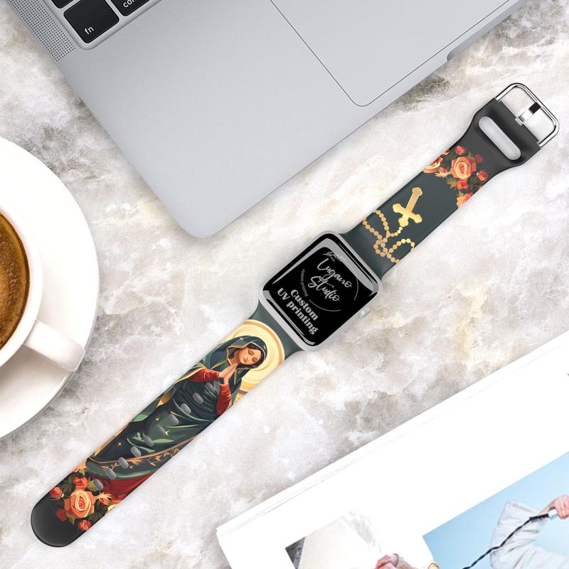 Virgin Mary with Cross Watch Band compatible with iWatch Printed Band Silicone Ultra 38mm 40mm 41mm 42mm 44mm 45mm 46mm 49mm Strap Virgin De Guadalupe Jesus God Catholic Christian Bible Gift