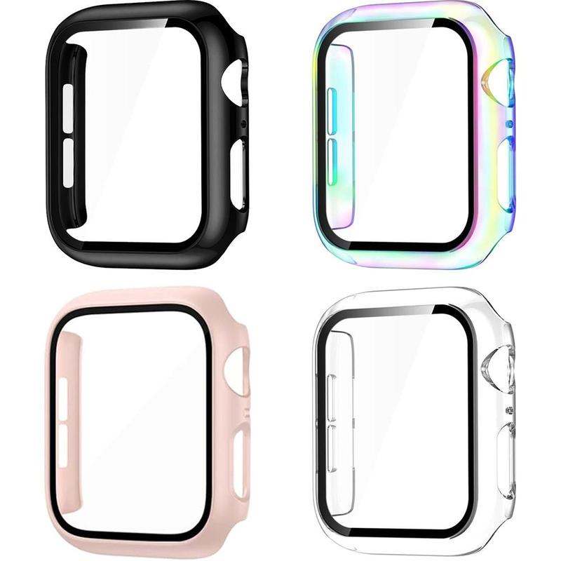 Solid Color PC Case + Tempered Glass Screen Protector Integrated Watch Case (4 Counts set), Anti-fall Fashion Casual Watch Case Compatible with Apple Watch