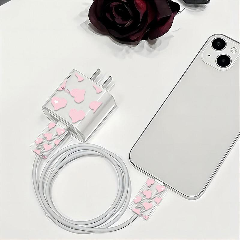 Heart Pattern Phone Charger Protector Set for Summer, Including Charger Head Protective Case, Adapter Protective Case & Data Cable Protector