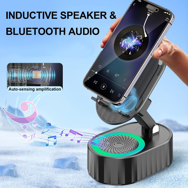 AKLLCCR 5-in-1 Power Bank with Wireless Induction Audio Bluetooth Speaker and Cellphone Stand, Emergency Rechargeable (3000mAh), 5.3 HD Surround Subwoofer Sound,300° Rotable Adjustable Foldable Lift-Non-Slip Base, Fits All Phones,Tablets,Power Banks