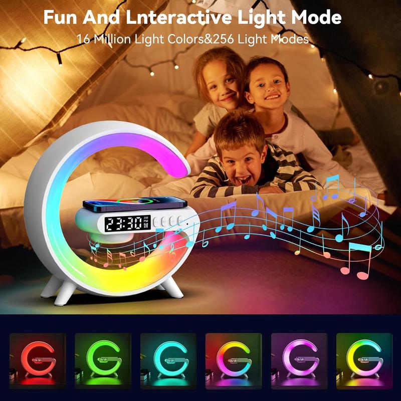 RGB Night Light Lamp Multifunctional Wireless Audio Speaker, Multifunctional Wireless Speaker with Alarm Clock, Rechargeable Speaker, Wireless Charger Station for Smartphone