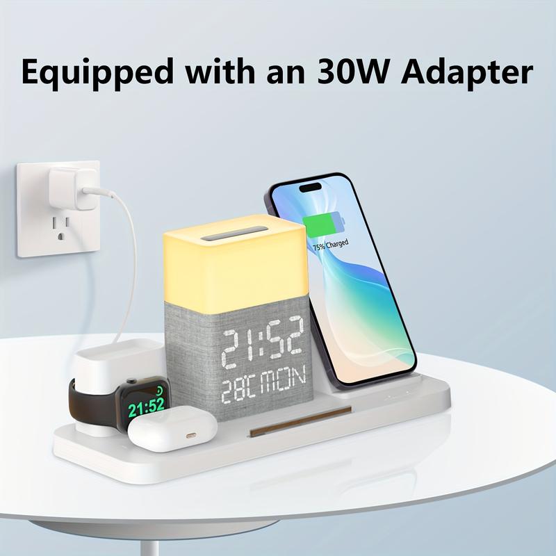 7-In-1 Wireless Charging Station - Dual Phone Fast Charging Dock with Night Light, Phone Holder, Time Sync, Week Temperature Display, 30W Adapter for iPhone, AirPods, and iWatch with USB-C and USB-A Wired Output