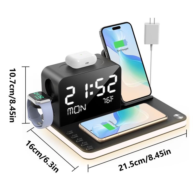 7-In-1 Wireless Charging Station - Dual Phone Fast Charging Dock with Night Light, Phone Holder, Time Sync, Week Temperature Display, 30W Adapter for iPhone, AirPods, and iWatch with USB-C and USB-A Wired Output