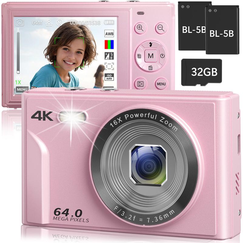 Digital Camera, FHD 4K Camera, Digital Point and Shoot Camera with 16X Zoom Anti Shake, Compact Small Camera for Boys Girls Kids