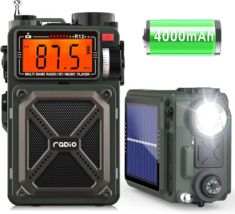 Portable AM FM WB Shortwave Radio with Bluetooth 5.4, Hand Crank, Solar Power, SOS & Flashlight for Hurricane Preparedness & Outdoor Use sleep timer