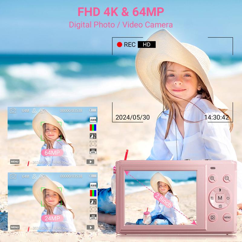 Digital Camera, FHD 4K Camera, Digital Point and Shoot Camera with 16X Zoom Anti Shake, Compact Small Camera for Boys Girls Kids