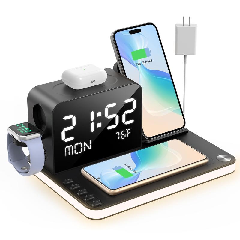 7-In-1 Wireless Charging Station - Dual Phone Fast Charging Dock with Night Light, Phone Holder, Time Sync, Week Temperature Display, 30W Adapter for iPhone, AirPods, and iWatch with USB-C and USB-A Wired Output