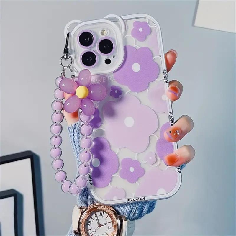 Flower Pattern Phone Case with Flower Chain Lanyard, Decorative Phone Protective Cover, Fashion Phone Accessories Compatible with iPhone 11 12 13 14 15 Pro Max 15 Plus 15 Pro