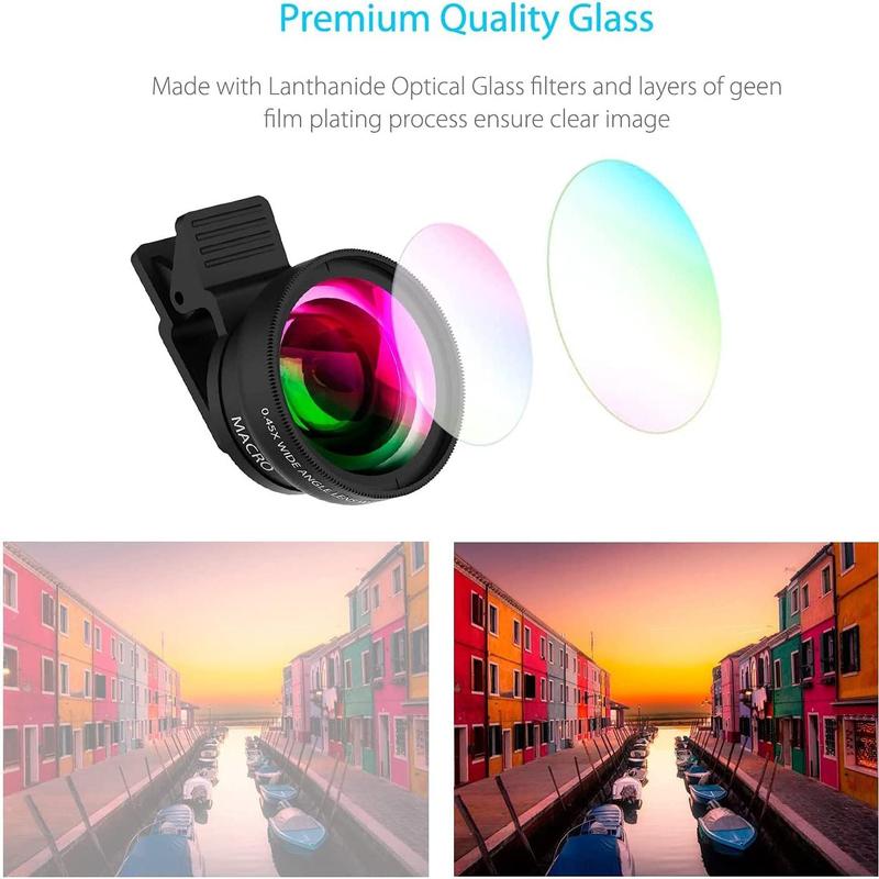 2 in 1 Clip-on Lens Kit, 0.45X Wide Angle & 12.5X Macro Lens with Storage Bag, Portable Camera Lens Kit for Most Smartphone Models