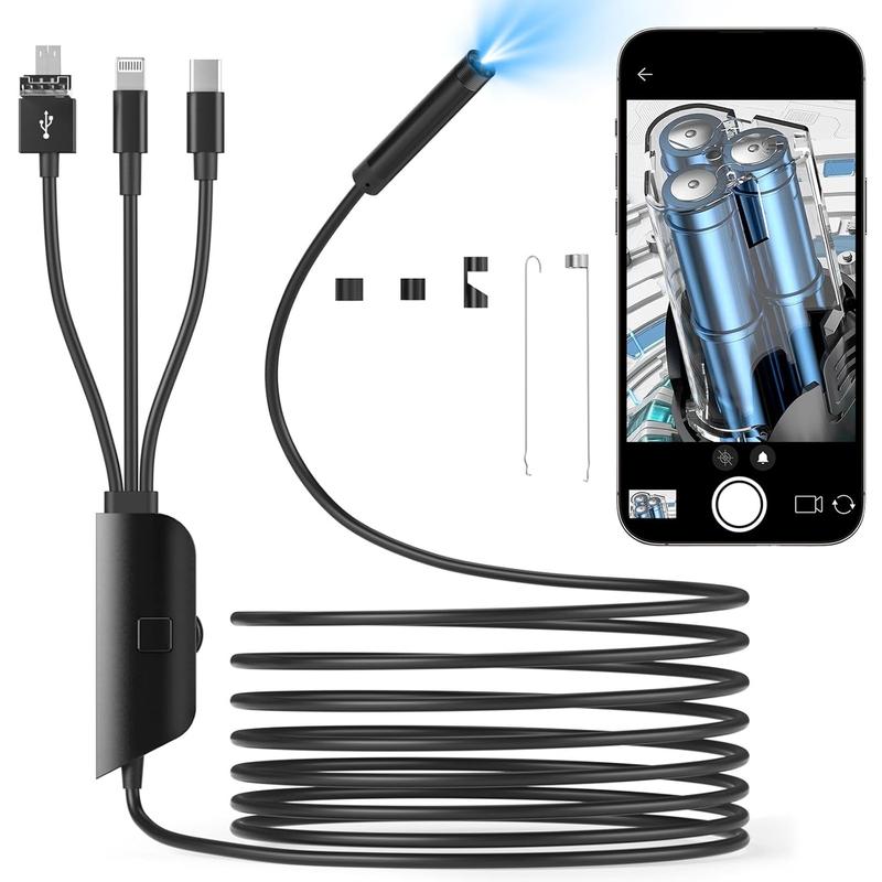 4 in 1 Endoscope Camera with Light, 16.5Ft Snake Camera, 1920P HD Borescope with 8 Adjustable LED Lights, IP67 Waterproof Semi-Rigid Industrial Inspection Camera for iOS, Android, PC