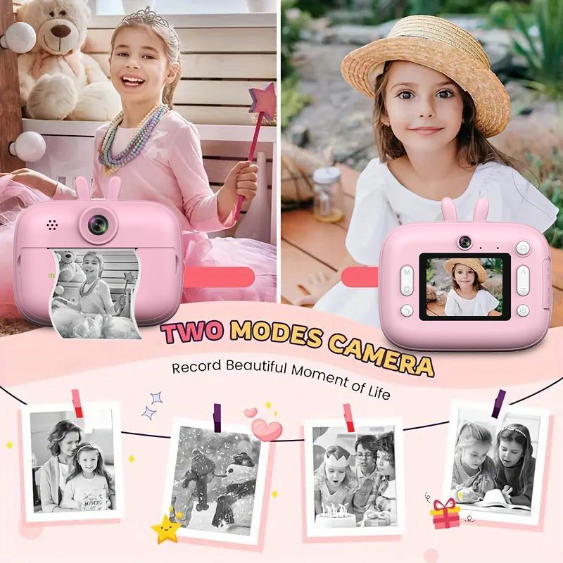 1080P Instant Print Cameras, Cartoon Rabbit Design Mini Camera with Front & Rear Cameras, Portable Polaroid Camera with 3 Rolls Print Paper, Stocking Fillers Gift, Cameras