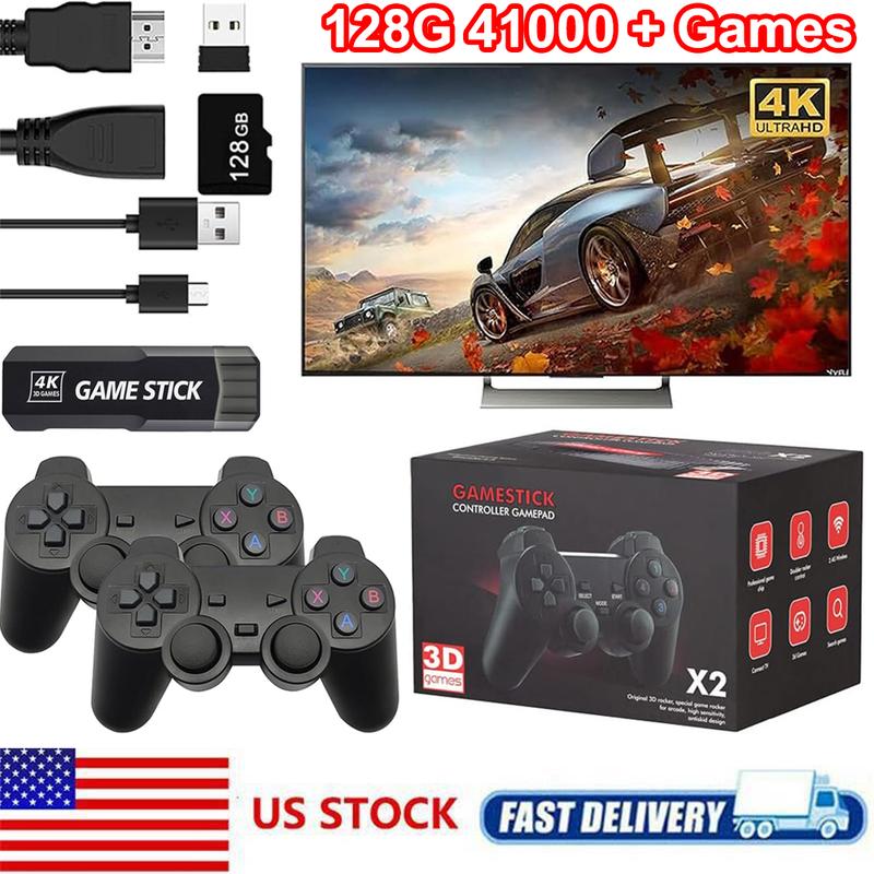 X2 Retro Game Stick,Wireless Retro Game Console 128G, Built-in 40+ Emulators, 40000+ Games, 4K HDMI Output with 2.4GHz Wireless Controller, Plug and Retro Play Video Games for TV x2  game