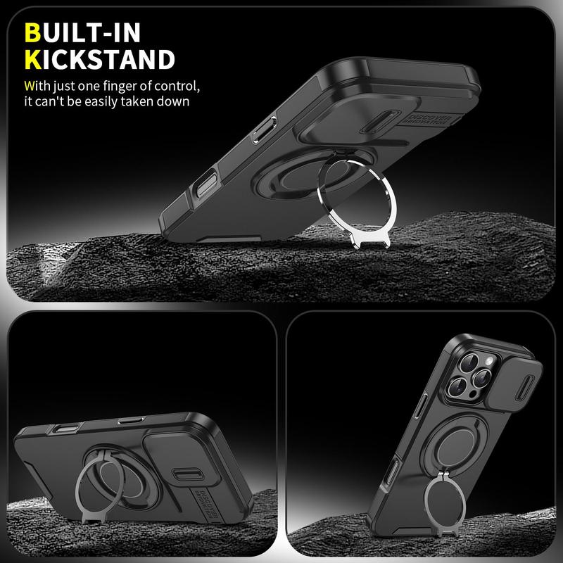 For iPhone 16 15 14 13 12 Pro Max with Slide Camera Case, 360 Rotated Ring Kickstand Holder Military Grade Shockproof Protective Cover