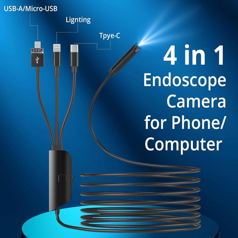 4 in 1 Endoscope Camera with Light, 16.5Ft Snake Camera, 1920P HD Borescope with 8 Adjustable LED Lights, IP67 Waterproof Semi-Rigid Industrial Inspection Camera for iOS, Android, PC