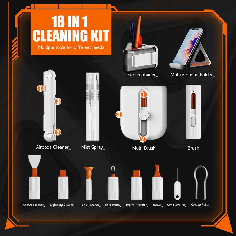 OPUS｜18 in 1 Smartphone Cleaner Kit, Keyboard Cleaner with Keyboard Brush Tool, Multi-Function Laptop Cleaning kit Lightning Port Cleaner for MacBook, iPad, AirPods, Camera