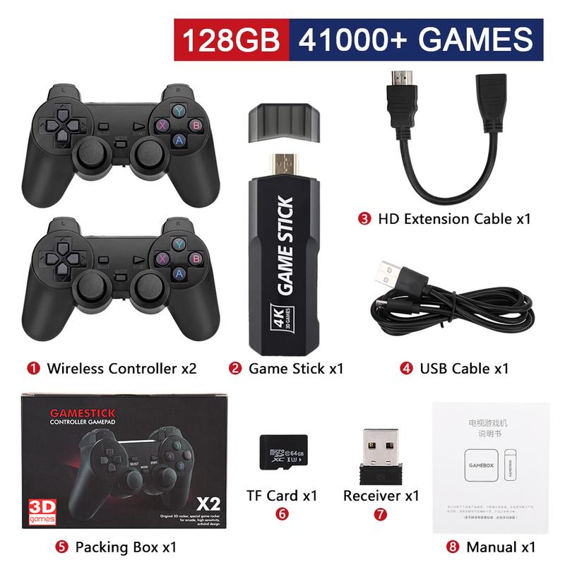 X2 Retro Game Stick,Wireless Retro Game Console 128G, Built-in 40+ Emulators, 40000+ Games, 4K HDMI Output with 2.4GHz Wireless Controller, Plug and Retro Play Video Games for TV x2  game