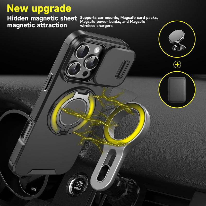 For iPhone 16 15 14 13 12 Pro Max with Slide Camera Case, 360 Rotated Ring Kickstand Holder Military Grade Shockproof Protective Cover