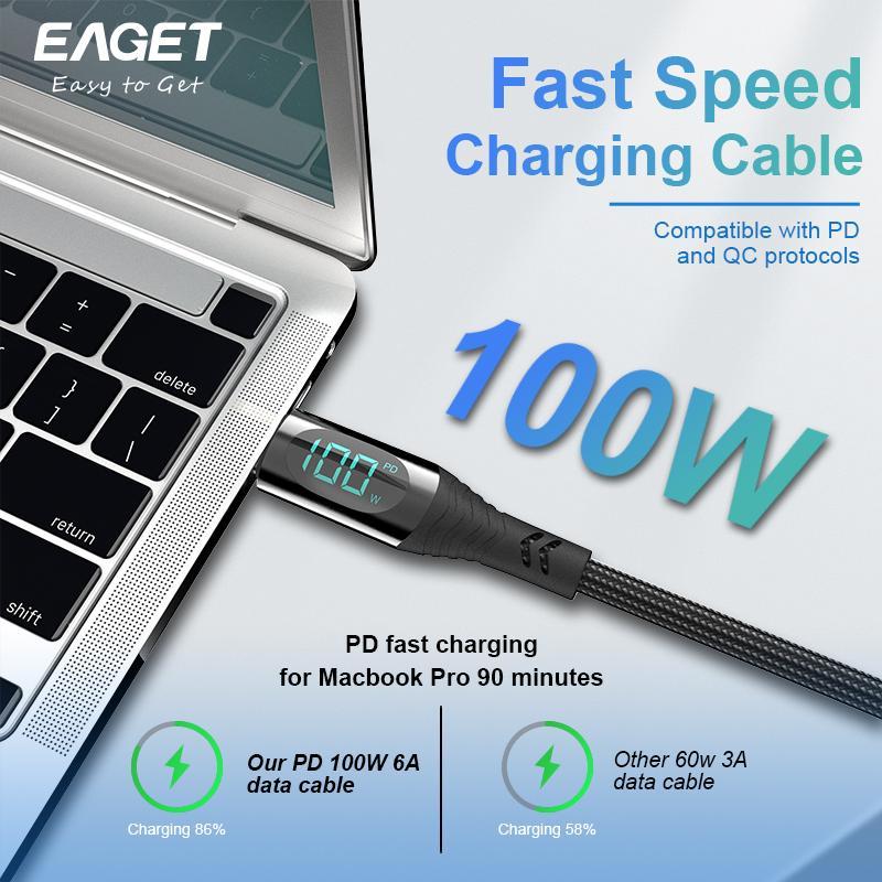 100W PD Fast Charging Data Cable, 1 Count Type-C to Type-C LED Display Data Cable for iPad Pro, Durable Charging Cable Compatible with iPhone & Android Phones