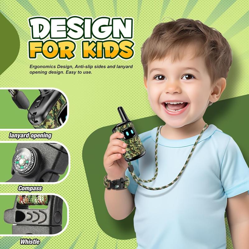 Walkie Talkies Toys for Kids 3-6,  Mini Walkies Talkie for 4 5 6 Year Old Kid Lanyard & Compass Whistle Outdoor Toys Christmas Birthday Gifts Stocking Stuffers for Kids Green Camo 2 Pack