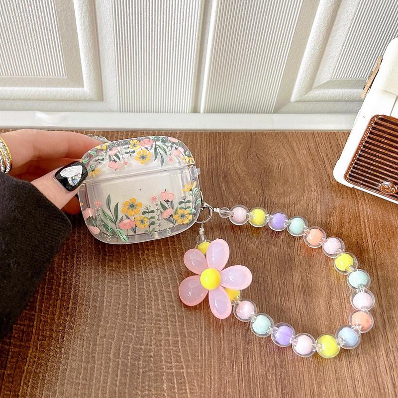 Cute Flower Design Earphone Case with Keychain, Decorative Earphone Protector Cover Compatible with Airpods, Earphone Protective Case