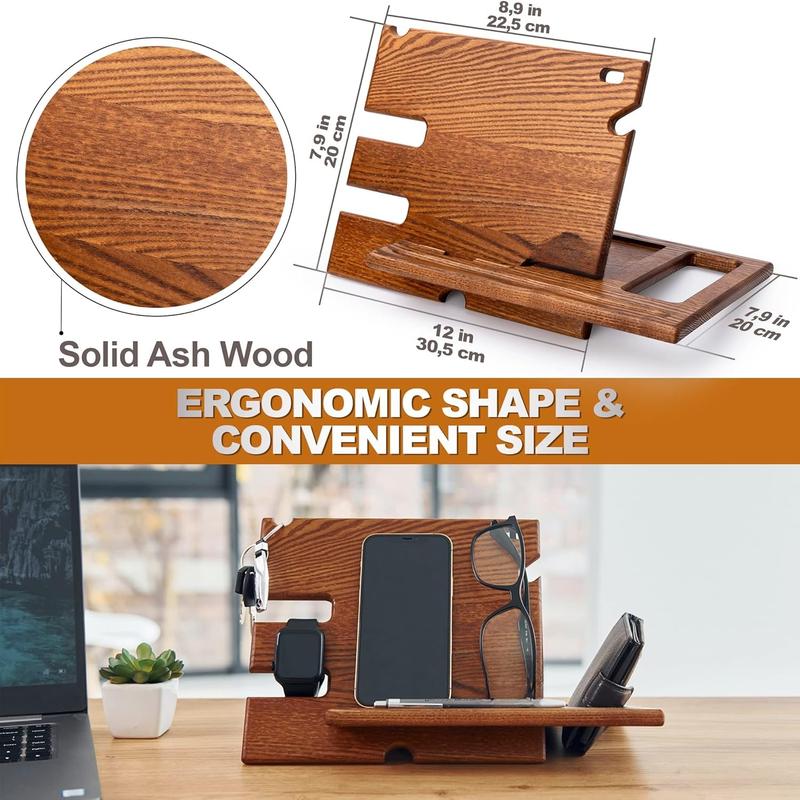 Wood Phone Docking Station Ash Key Holder Wallet Stand Watch Organizer Men Husband Wife Anniversary Dad Birthday Nightstand Purse Father Graduation Male Travel Idea Gadgets (Brown)