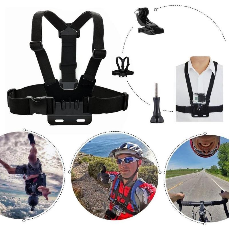 3 in 1 Universal Action Camera Accessories Kit - Head Strap Mount Chest Harness Selfie stick Compatible with Hero 13 12 11 10 9 8 7 6 5 EK7000 V50 Brave 7 Dragon Touch Action Camera