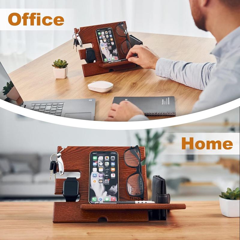 Wood Phone Docking Station Ash Key Holder Wallet Stand Watch Organizer Men Husband Wife Anniversary Dad Birthday Nightstand Purse Father Graduation Male Travel Idea Gadgets (Brown)