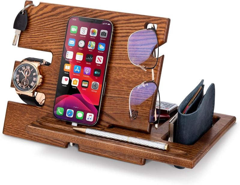 Wood Phone Docking Station Ash Key Holder Wallet Stand Watch Organizer Men Husband Wife Anniversary Dad Birthday Nightstand Purse Father Graduation Male Travel Idea Gadgets (Brown)