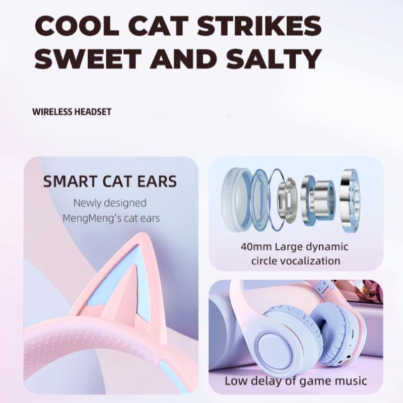 Cute Cat Ear Design Wireless Headphone, Over-ear Design Bluetooth-compatible Headphone with Microphone, Rechargeable Headset for Gaming, Sports, Office