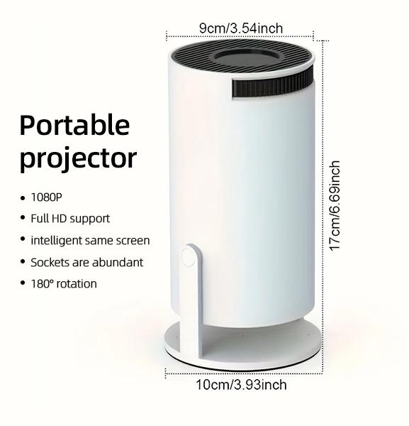 Portable mini projector, equipped with Android system. Short-throw projector, 1080P high definition, 180° adjustable, outdoor and home movie projector Mini Wi-Fi