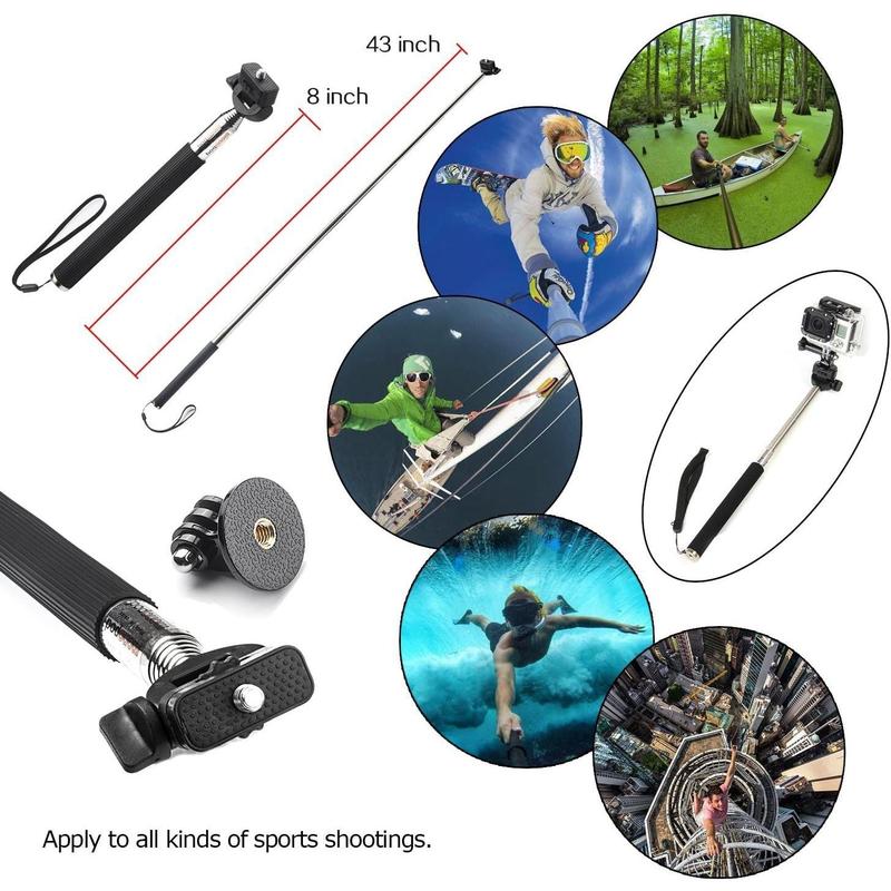 3 in 1 Universal Action Camera Accessories Kit - Head Strap Mount Chest Harness Selfie stick Compatible with Hero 13 12 11 10 9 8 7 6 5 EK7000 V50 Brave 7 Dragon Touch Action Camera