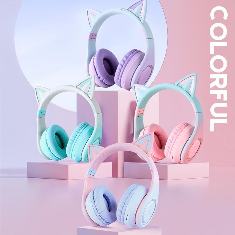 Cute Cat Ear Design Wireless Headphone, Over-ear Design Bluetooth-compatible Headphone with Microphone, Rechargeable Headset for Gaming, Sports, Office