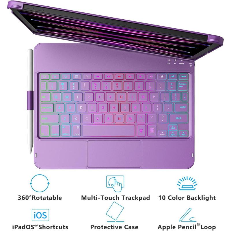 iPad Pro 11 inch and iPad Air 5 Air 4 10.9 inch Keyboard Case with Trackpad, Backlit with 10 Colors, 360 Degree Screen Rotation - Purple