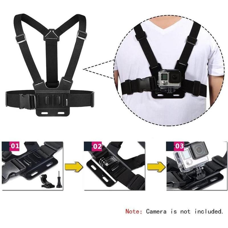 3 in 1 Universal Action Camera Accessories Kit - Head Strap Mount Chest Harness Selfie stick Compatible with Hero 13 12 11 10 9 8 7 6 5 EK7000 V50 Brave 7 Dragon Touch Action Camera