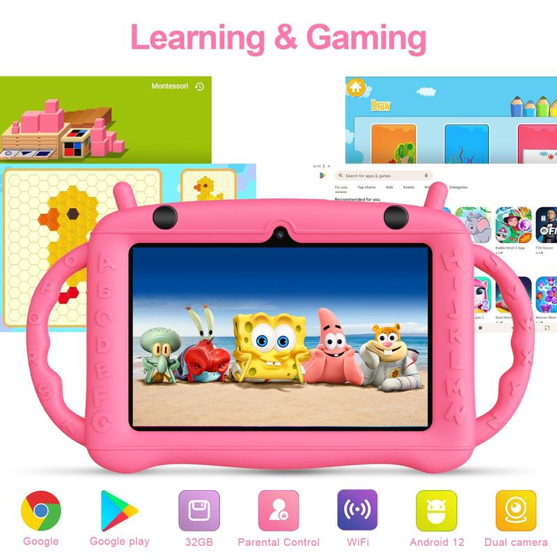 Kids Tablet, 7 inch Tablet for Kids 3-6 32GB ROM Android 12.0 Toddler Tablet with Bluetooth, WiFi, GMS, Parental Control, Dual Camera, Shockproof Case, Educational, Games