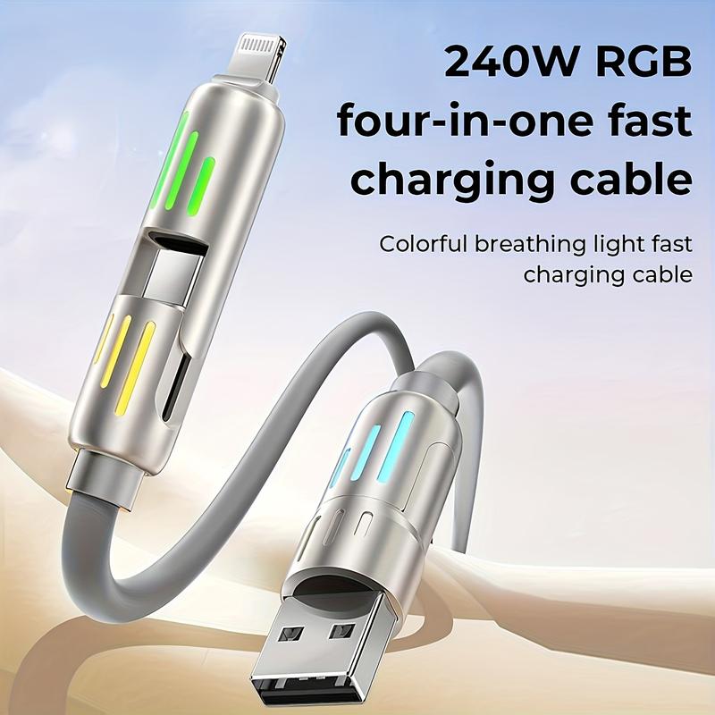 240W 4-In-1 USB C Cable Multi-Function 4-In-1 Charging Cable USB C Charger Cable With Breathing Light Type C Port For Multi-Device Charging Multifunctional USB-C Breathing Light data sync universal  charger data cable