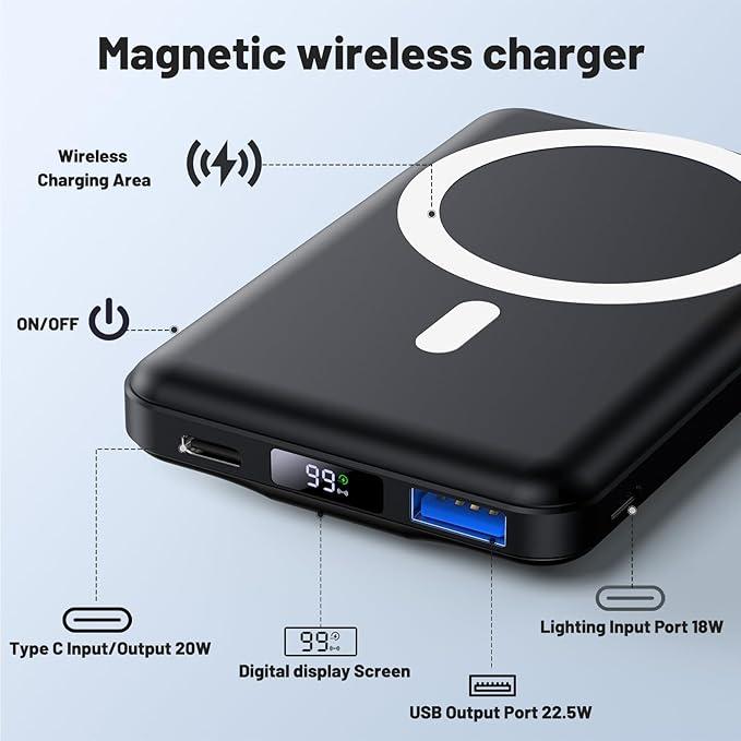 Magsafe Battery Pack, 10000mAh Magnetic Power Bank 15W Wireless Portable Charger, LED Display & Foldable Stand & Lighting Input, Slim Magnetic Charger for iPhone 16 15 14 13 12 Series