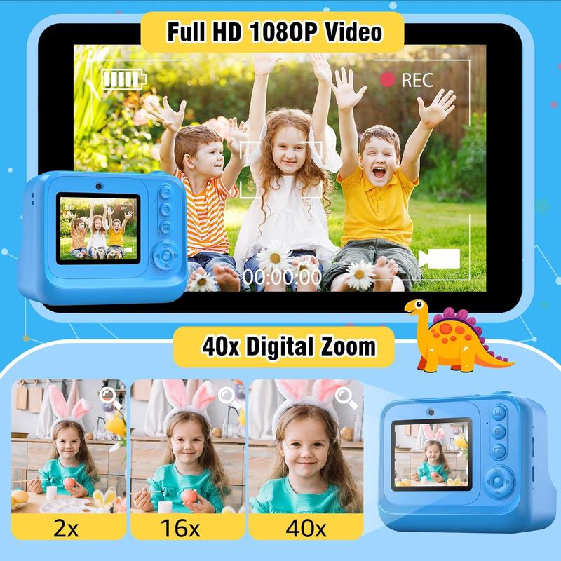 Instant Print Camera for Kids Age 3-12 Girls Boys 1080P HD Digital Video Cameras with 5 Print Paper & 32G Card Toddler Portable Travel Toys Camera for Christmas Birthday Gifts