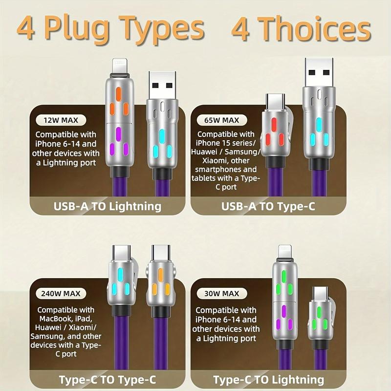 240W 4-In-1 USB C Cable Multi-Function 4-In-1 Charging Cable USB C Charger Cable With Breathing Light Type C Port For Multi-Device Charging Multifunctional USB-C Breathing Light data sync universal  charger data cable